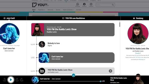 Der Screenshot zeigt den neuen schwarzen YOU FM Webplayer mit der Übersicht über die Show, den Moderator sowie den letzten, den aktuellen und den nächsten Titel.